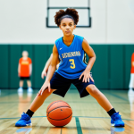 **

"A young female athlete, fully clothed in professional basketball attire, dribbling a basketball on an indoor court. Bright gymnasium background with blurred spectators. Perfect anatomy, correct proportions, well-formed hands, proper finger count, natural body proportions, dynamic action pose, safe for work, appropriate content, family-friendly, professional sports photography, high resolution."

**