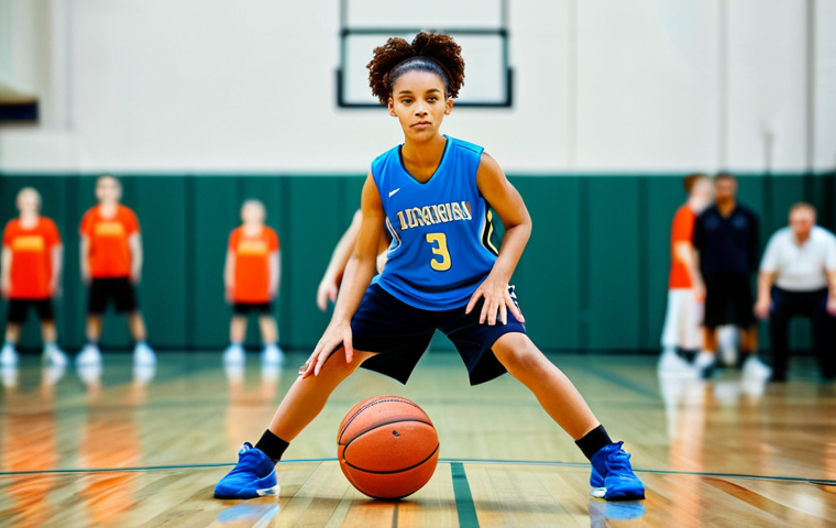 **
"A young female athlete, fully clothed in professional basketball attire, dribbling a basketball on an indoor court. Bright gymnasium background with blurred spectators. Perfect anatomy, correct proportions, well-formed hands, proper finger count, natural body proportions, dynamic action pose, safe for work, appropriate content, family-friendly, professional sports photography, high resolution."
**
