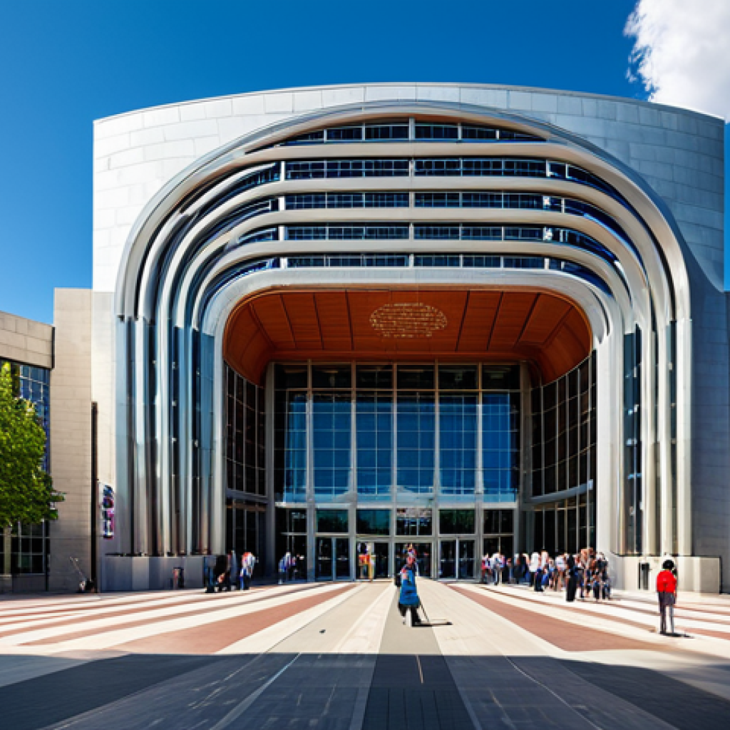 ** A wide-angle shot of the Naismith Memorial Basketball Hall of Fame entrance. Capture the iconic architecture on a sunny day. Include diverse visitors entering. Focus on a welcoming and family-friendly atmosphere. safe for work, appropriate content, fully clothed, professional photography, high quality.

**