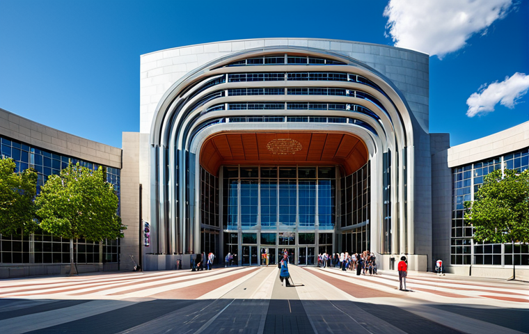 ** A wide-angle shot of the Naismith Memorial Basketball Hall of Fame entrance. Capture the iconic architecture on a sunny day. Include diverse visitors entering. Focus on a welcoming and family-friendly atmosphere. safe for work, appropriate content, fully clothed, professional photography, high quality.
**