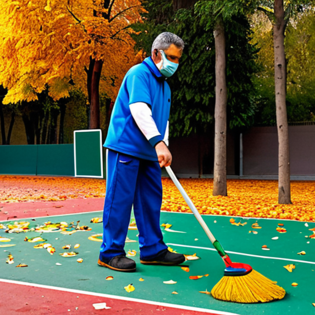 농구코트 관리 팁 - Court Cleaning in Madrid**

"A groundskeeper in appropriate work clothes is sweeping leaves and debr...