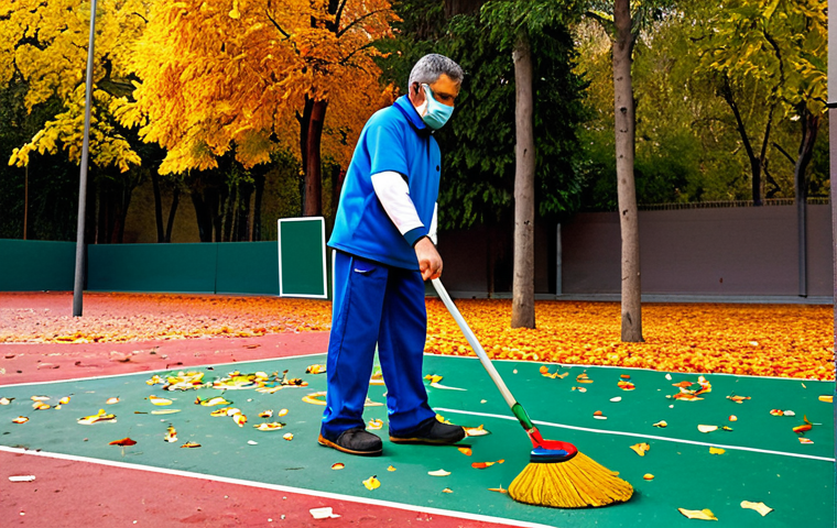 농구코트 관리 팁 - Court Cleaning in Madrid**

"A groundskeeper in appropriate work clothes is sweeping leaves and debr...