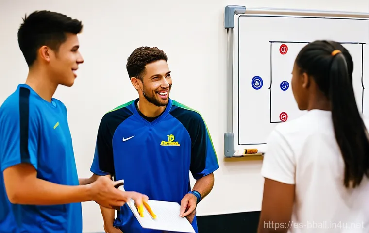 농구 전술 보드 활용법 - **Prompt 1: Collaborative Strategy Session**
    "A diverse group of five young adult basketball pla...