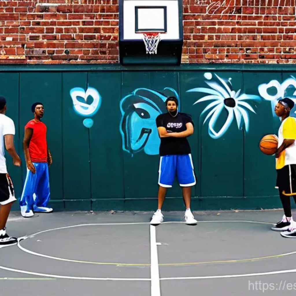 농구와 음악의 콜라보 사례 - **Prompt: "The Genesis of Streetball and Hip-Hop Culture"**
    A vibrant, sun-drenched street baske...