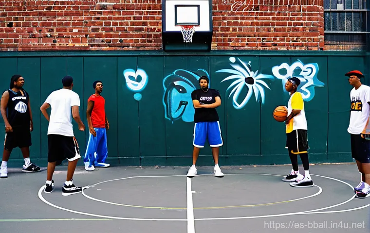 농구와 음악의 콜라보 사례 - **Prompt: "The Genesis of Streetball and Hip-Hop Culture"**
    A vibrant, sun-drenched street baske...