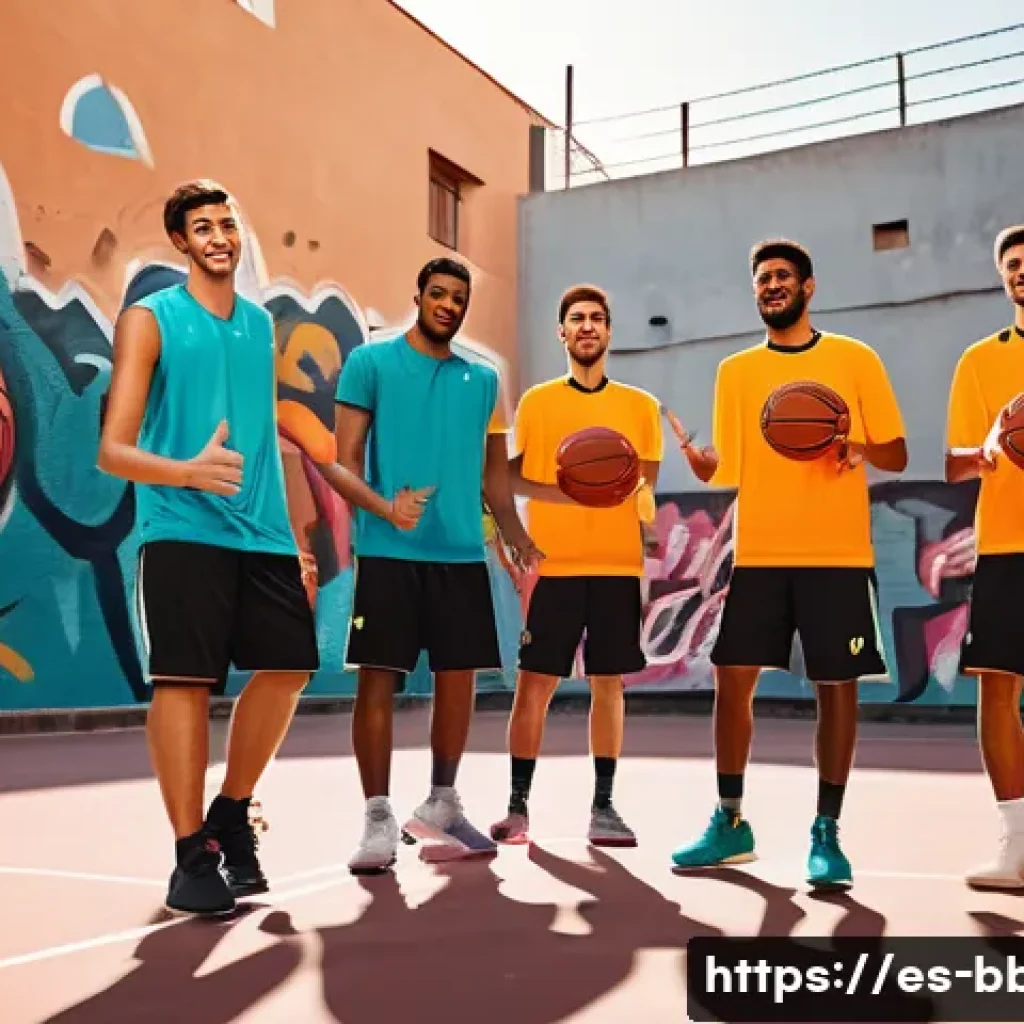 농구 코트에서 지켜야 할 매너 - A dynamic basketball scene on an outdoor urban court in a Spanish-speaking city, featuring a diverse...