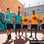 농구 코트에서 지켜야 할 매너 - A dynamic basketball scene on an outdoor urban court in a Spanish-speaking city, featuring a diverse...