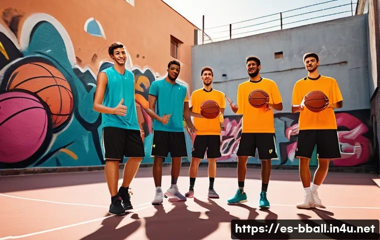 농구 코트에서 지켜야 할 매너 - A dynamic basketball scene on an outdoor urban court in a Spanish-speaking city, featuring a diverse...