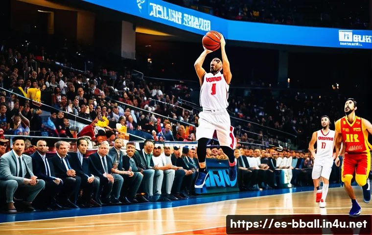 농구 영상 콘텐츠 기획 - A dynamic basketball game scene captured from a low ground-level angle, showing a male player in mid...