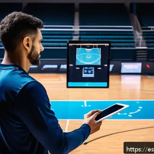 농구 훈련 트레이너 추천 - A modern basketball coach analyzing player movements on a high-tech digital screen in a professional...