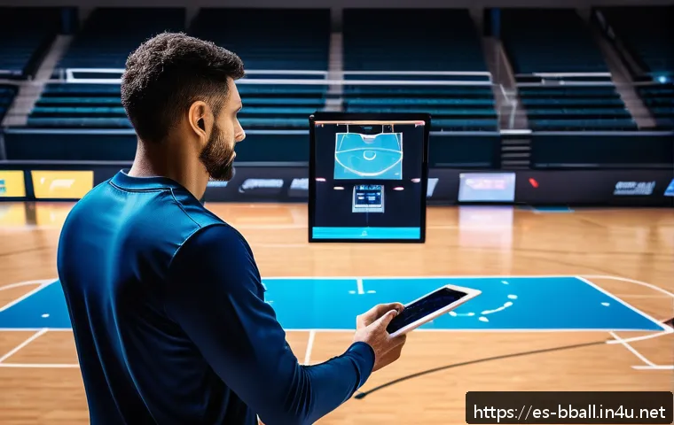 농구 훈련 트레이너 추천 - A modern basketball coach analyzing player movements on a high-tech digital screen in a professional...