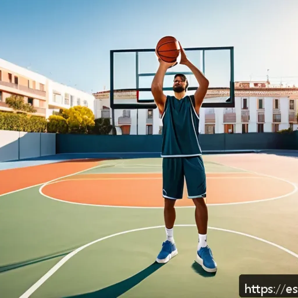 농구 3점슛 정확도 향상 - A skilled basketball player practicing a three-point shot on an outdoor court in a vibrant Spanish c...
