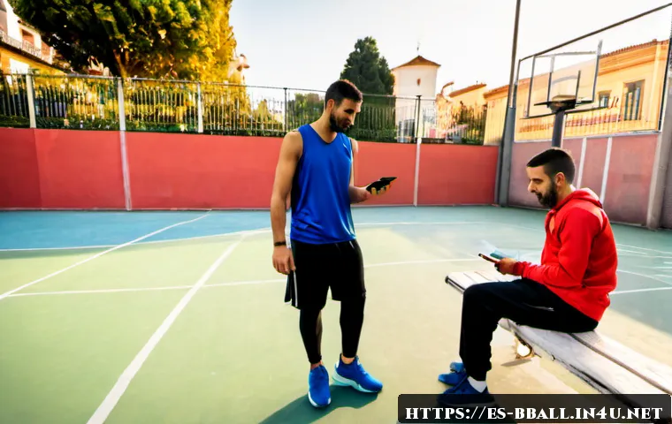 농구 코트 대여 비용 - Photorealistic wide-angle view of a clean community basketball court in a Spanish-speaking city, two...