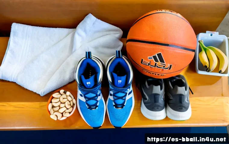 Home 17 농구 경기 전 준비물 - Photorealistic flat lay of essential pre-game basketball gear neatly arranged on a clean wooden benc...