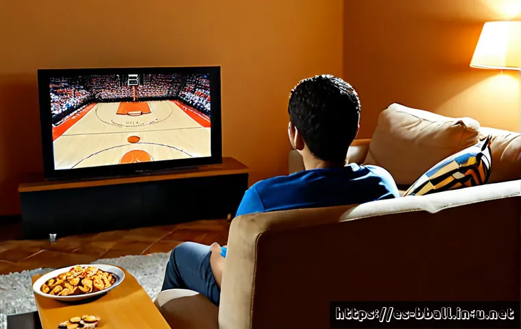 농구 방송 중계 정보 - Photorealistic Spanish living room during a live basketball broadcast, an adult viewer relaxing on a...